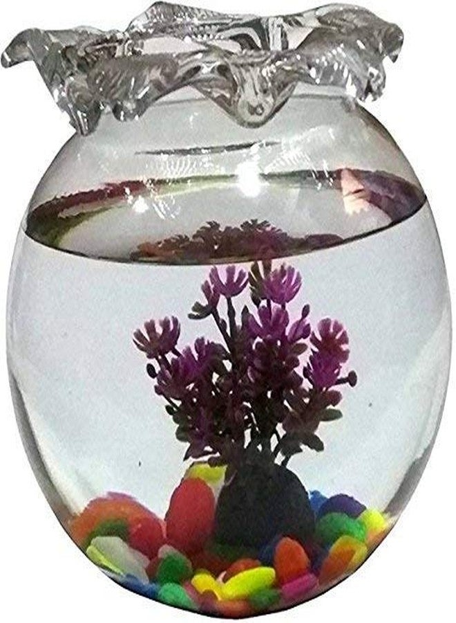 ABG ROUND GLASS TERRARIUM/AQUARIUM VESSEL 10 INCH. WITH COLORFUL STONES (1000 GM), ONE ARTIFICIAL PLANT AND TWO ARTIFICIAL FISH. - Image 1